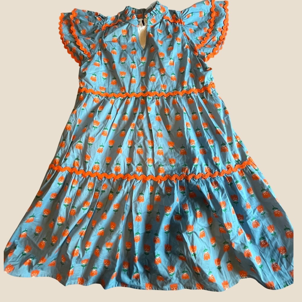Shop the Mint  Boutique Girls XL Blue Orange Tulip Ric Rac Tiered Dress D20467